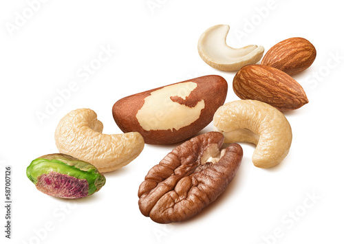 Cashew, almond, pecan, pistachio and brazil nut isolated on white background. Diagonal layout in perspective