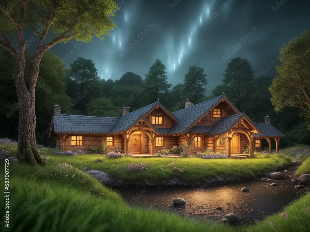 Fantasy house in tree in fairytale forest. Generative AI Fantasy house in tree in fairytale forest. Generative AI