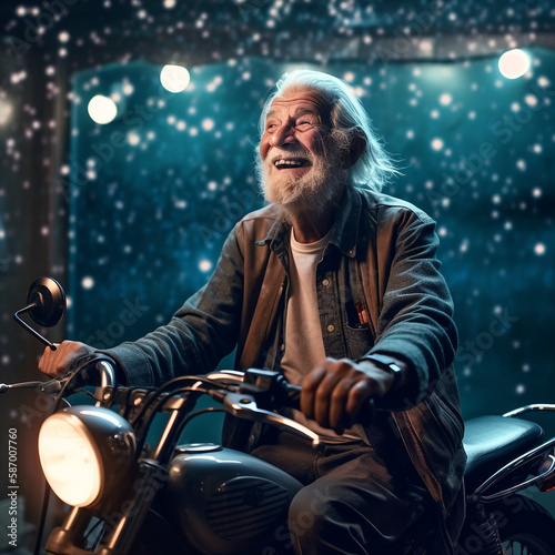 Generative ai senior old man driving motorcycle in starry glowing night