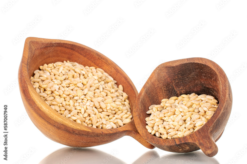 Pearl barley in two wooden cups, macro, isolated on white background. Pearl barley in two wooden cups, macro, isolated on white background.