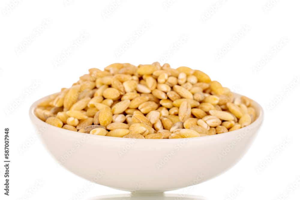 Pearl groats in a white porcelain dish, macro, isolated on a white background. Pearl groats in a white porcelain dish, macro, isolated on a white background.