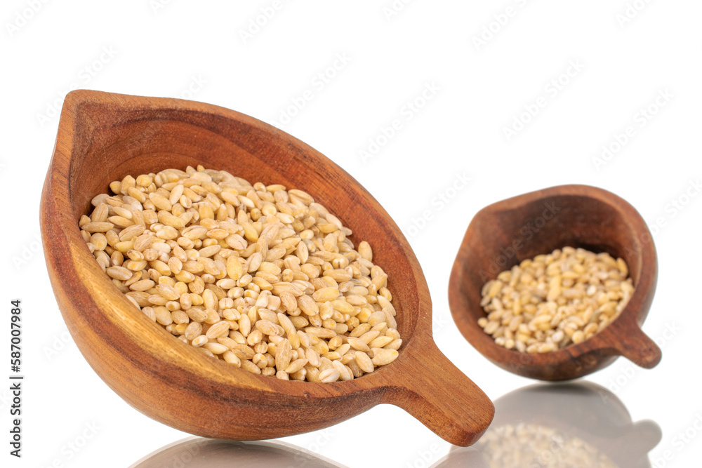 Pearl barley in two wooden cups, macro, isolated on white background. Pearl barley in two wooden cups, macro, isolated on white background.