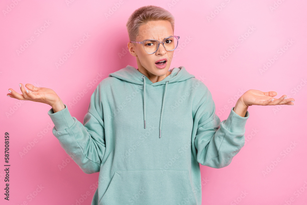 Photo portrait of lovely young lady raise palms conflict argue irritated wear trendy khaki clothes isolated on pink color background Photo portrait of lovely young lady raise palms conflict argue irritated wear trendy khaki clothes isolated on pink color background