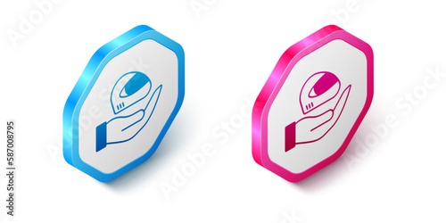 Isometric Racing helmet icon isolated on white background. Extreme sport. Sport equipment. Hexagon button. Vector