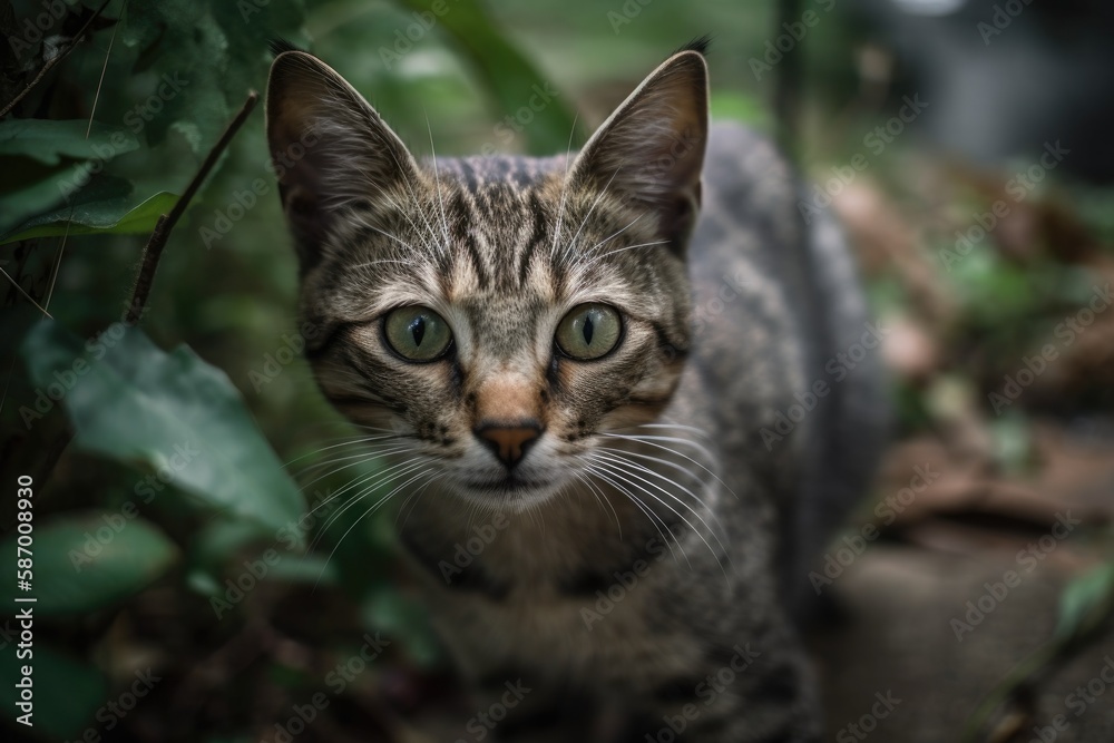 A lovely cat is seen playing in a home's front yard. Generative AI