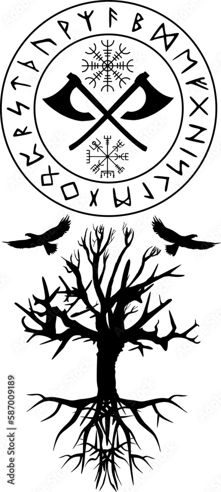 Wikinger Symbole - Runenkreis mit Äxten und Zeichen - Lebensbaum Yggdrasil mit Wurzeln