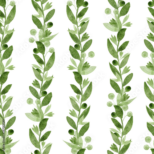 Wallpaper Mural Seamless pattern of elements with spring greenery, twigs, leaves and flowers, vertical stripe. Hand drawn watercolor illustration isolated on white background Torontodigital.ca
