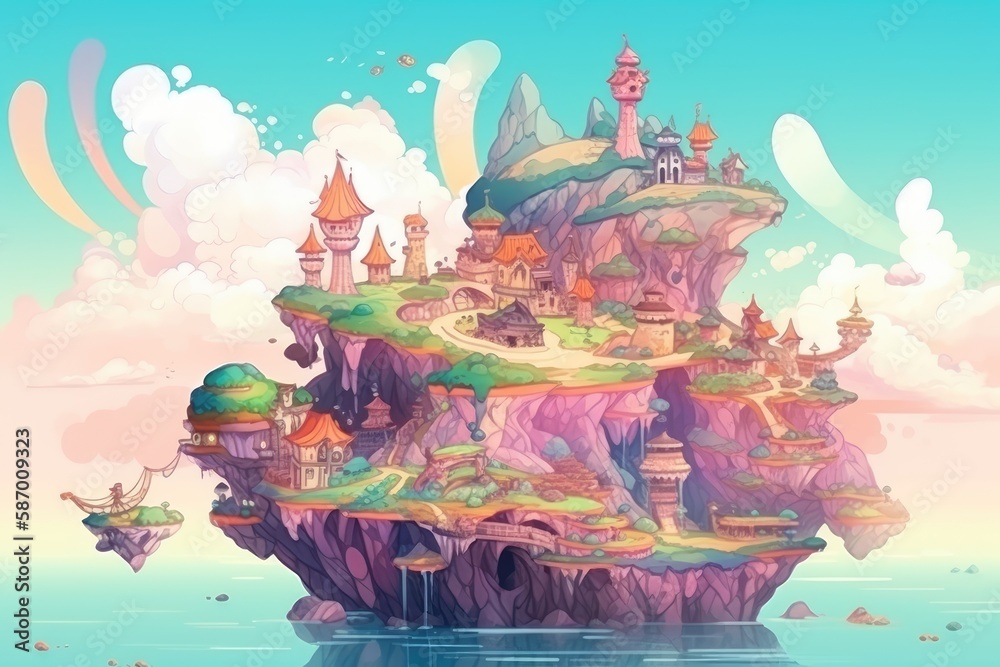 Obraz premium A fantastical world with islands, mythical creatures, and magical landscapes background Generative AI