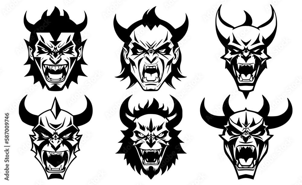 Obraz premium Set of horned devil heads with open mouth and bared teeth, with different angry expressions of the muzzle. Symbols for tattoo, emblem or logo, isolated on a white background.