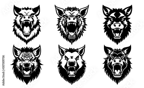 Set of boar heads with open mouth and bared fangs, with different angry expressions of the muzzle. Symbols for tattoo, emblem or logo, isolated on a white background.