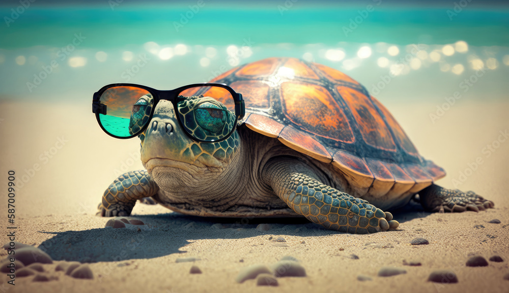 Obraz premium Close up sea turtle lay down on the beach with ocean background, Sea life marine in the morning, with Generative Ai.