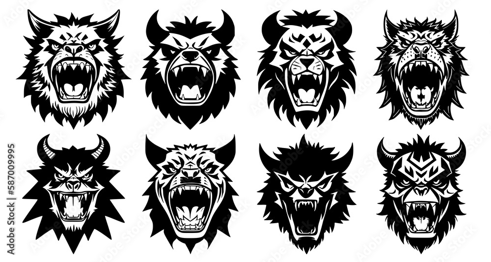 Obraz premium Set of horned monster heads with open mouth and bared fangs, with different angry expressions of the muzzle. Symbols for tattoo, emblem or logo, isolated on a white background.