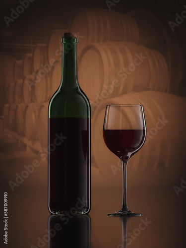 Traditional red wine bottle and glass with vintage winery background, 3d render