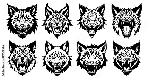 Set of lynx heads with open mouth and bared fangs, with different angry expressions of the muzzle. Symbols for tattoo, emblem or logo, isolated on a white background.