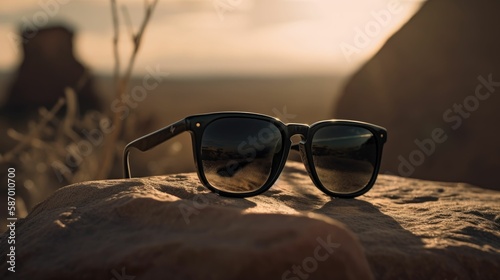 Black wayfarer sunglasses on a rock in a desert. Generative AI.