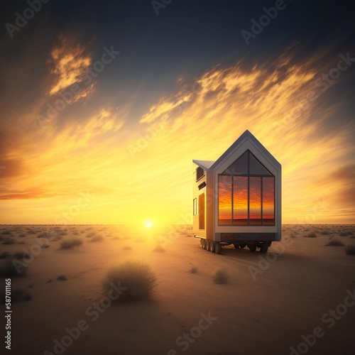 tiny house sunset on the desert