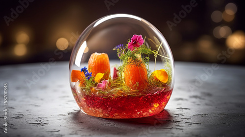 Fototapeta Naklejka Na Ścianę i Meble -  Bloom on Your Plate: A Molecular Strawberry Dessert with Edible FlowersBloom on Your Plate: A Molecular Strawberry Dessert with Edible Flowers
