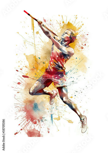 Javelin throw watercolor abstract illustration. One of the branches of athletics is the javelin throw. Colorful paint splatter javelin action, isolated on white background. AI generated illustration. photo