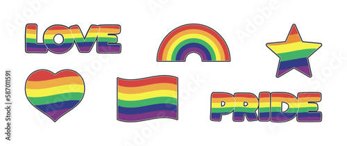 LGBTQ  stickers with rainbow flag, star and heart shapes. Pride month symbols and slogan. Gay parade icons. 