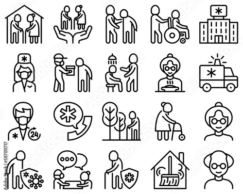 Nursing home for elderly people thin line icons set. Assisted living for disabled, volunteers help and support. Long-term service. Vector illustration.