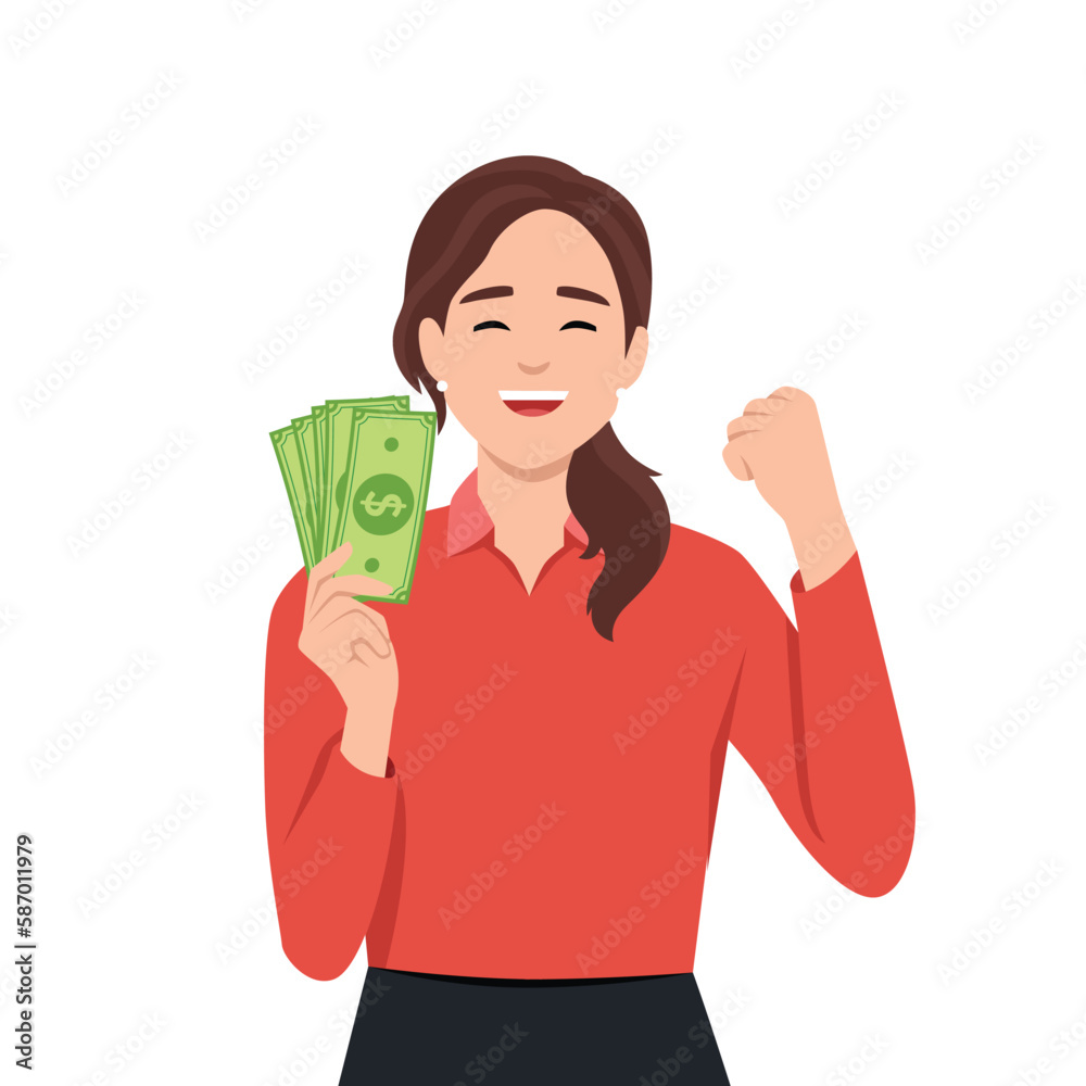 Portrait of a cheerful young woman holding money banknotes and celebrating isolated over yellow background Portrait of a cheerful young woman holding money banknotes and celebrating isolated over yellow background