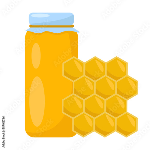 Honeycomb and honey in a bottle