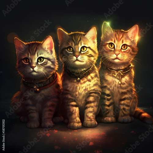 Portrait of three little cats at night. Adorable pets.