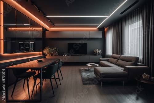 A sleek and modern apartment with polished metal walls, neon lighting, and minimalist furniture. Generative AI © Maksym