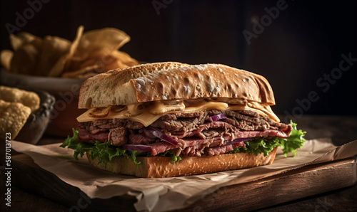 Pastrami pulled sandwich paper wrap on a wooden board, generated Ai