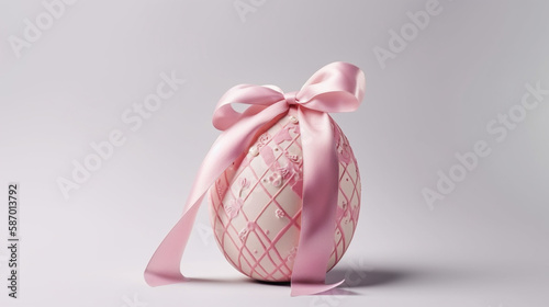 big patterned pink happy easter egg with silken ribbon - Generative AI