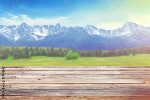 Beautiful spring background with green mountain foliage and empty wooden table in nature outdoor. AI Generated