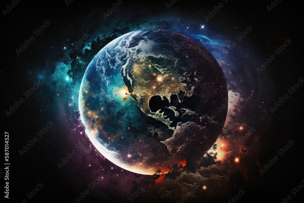 Abstract planet Earth globe in galaxy, AI generated