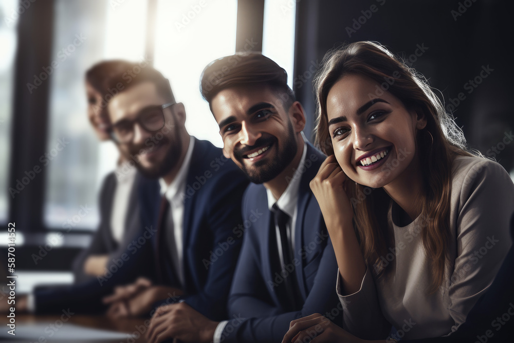 Group of happy young business people working and meeting at office, AI generated Group of happy young business people working and meeting at office, AI generated