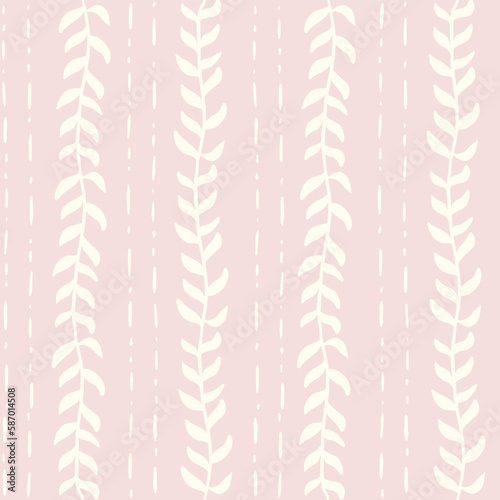 Seamless vector pattern white leaves on vines on a pink background. textile, wallpaper, home decor