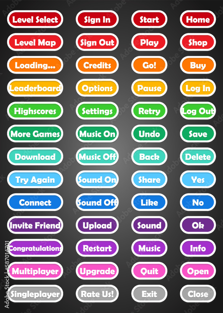Set of rounded colourful buttons in flat style. 2d asset for user interface GUI in mobile application or casual video game. Set of rounded colourful buttons in flat style. 2d asset for user interface GUI in mobile application or casual video game.