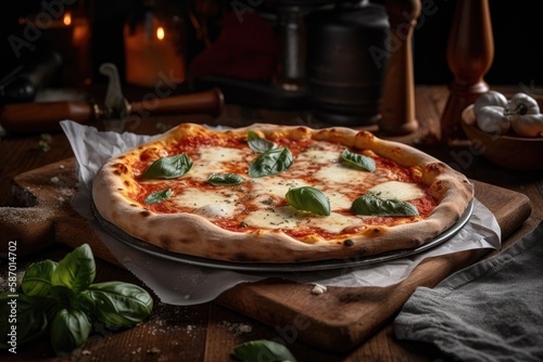 Delicious Margherita pizza, crafted with fresh ingredients in a pizzeria, AI generated