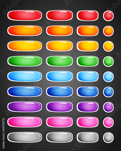 Set of rounded colourful buttons in flat style. 2d asset for user interface GUI in mobile application or casual video game.