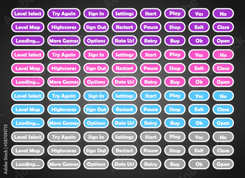 Set of rounded colourful buttons in flat style. 2d asset for user interface GUI in mobile application or casual video game.