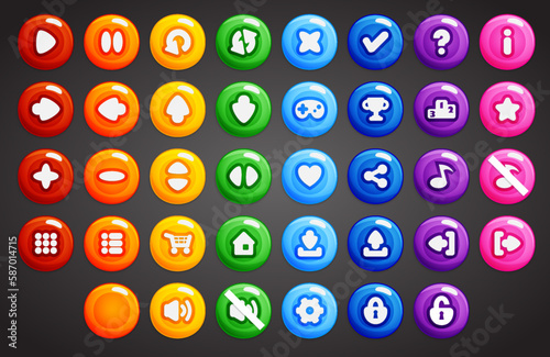 Set of rounded colourful buttons in flat style. 2d asset for user interface GUI in mobile application or casual video game.