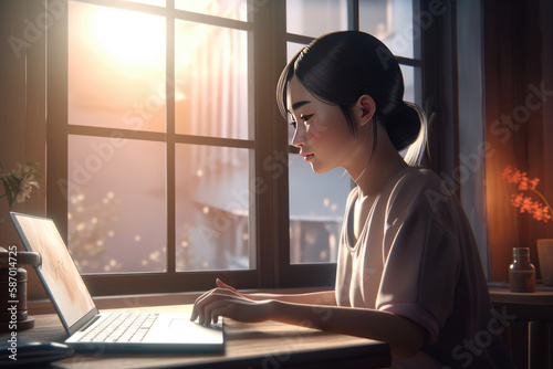 Cartoon Asian beautiful cute woman working with laptop, AI generated
