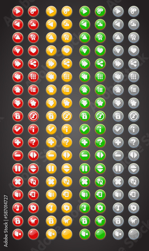 Set of rounded colourful buttons in flat style. 2d asset for user interface GUI in mobile application or casual video game.