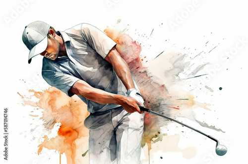 Watercolor abstract illustration of golf. Golfer in action with colorful paint splash, isolated on white background. AI generated illustration.
