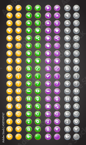 Set of rounded colourful buttons in flat style. 2d asset for user interface GUI in mobile application or casual video game.
