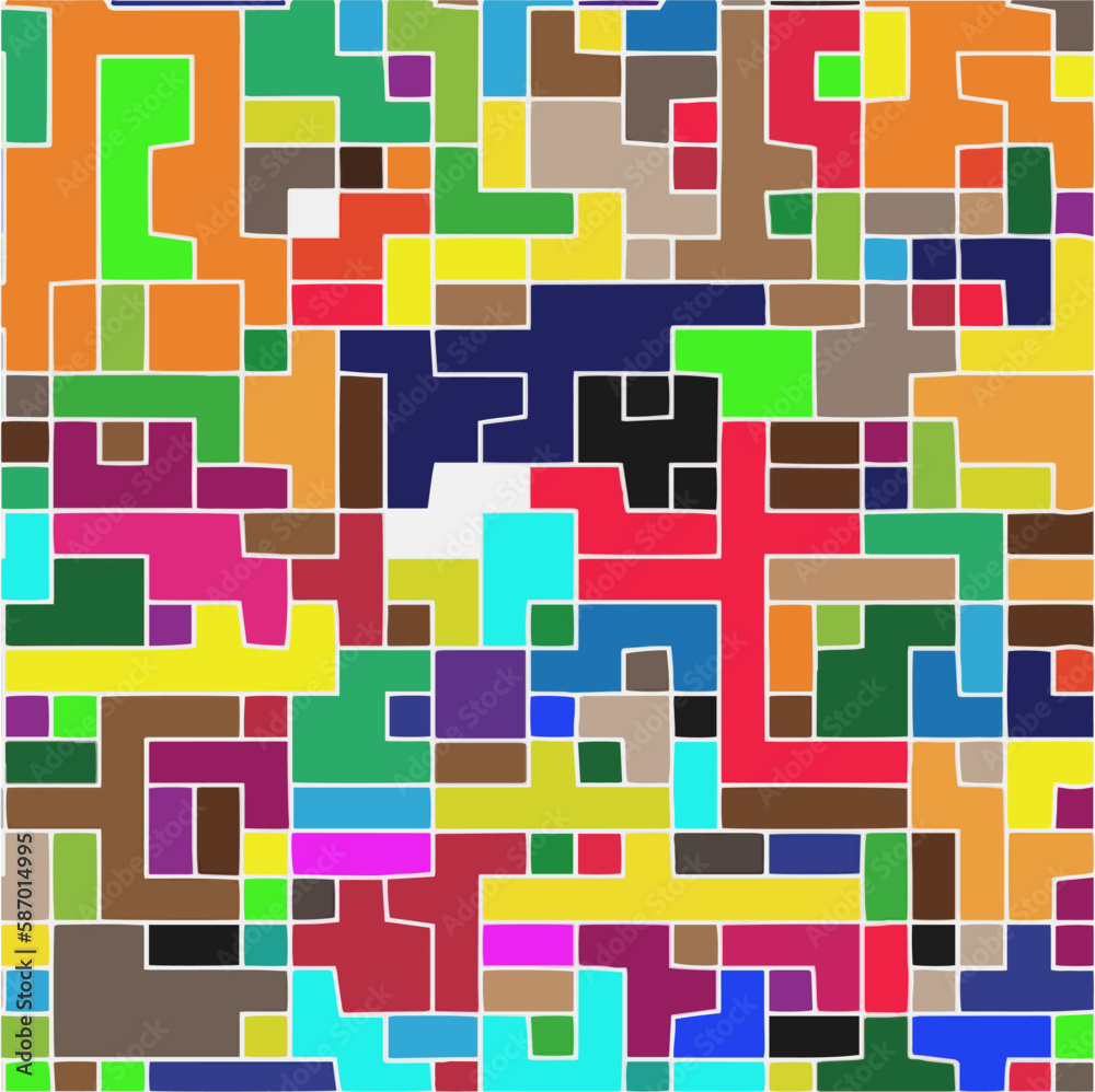Modern geometric abstraction with color planes and white lines. Abstract background with simple shapes - rectangles and squares. Mosaic ornament. Modern geometric abstraction with color planes and white lines. Abstract background with simple shapes - rectangles and squares. Mosaic ornament.