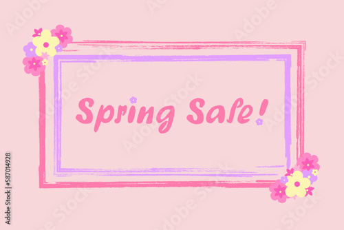 Spring sale banner for advertasing, deals and special offers. Words "Spring Sale" with a rectangular border drawn with a brush with colorful flowers in the corners on a pink background. © Olena Druz