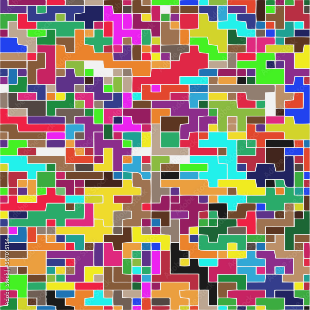 Modern geometric abstraction with color planes and white lines. Abstract background with simple shapes - rectangles and squares. Mosaic ornament. Modern geometric abstraction with color planes and white lines. Abstract background with simple shapes - rectangles and squares. Mosaic ornament.
