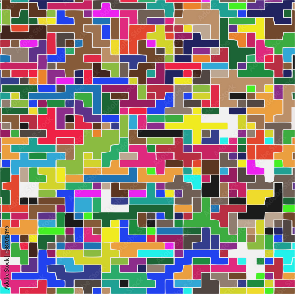 Modern geometric abstraction with color planes and white lines. Abstract background with simple shapes - rectangles and squares. Mosaic ornament. Modern geometric abstraction with color planes and white lines. Abstract background with simple shapes - rectangles and squares. Mosaic ornament.