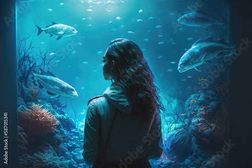 Beautiful woman travelers in aquarium, generative AI