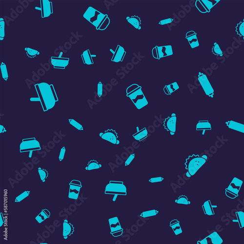 Set Mortar and pestle, Rolling pin, Coffee cup to go and Taco with tortilla on seamless pattern. Vector