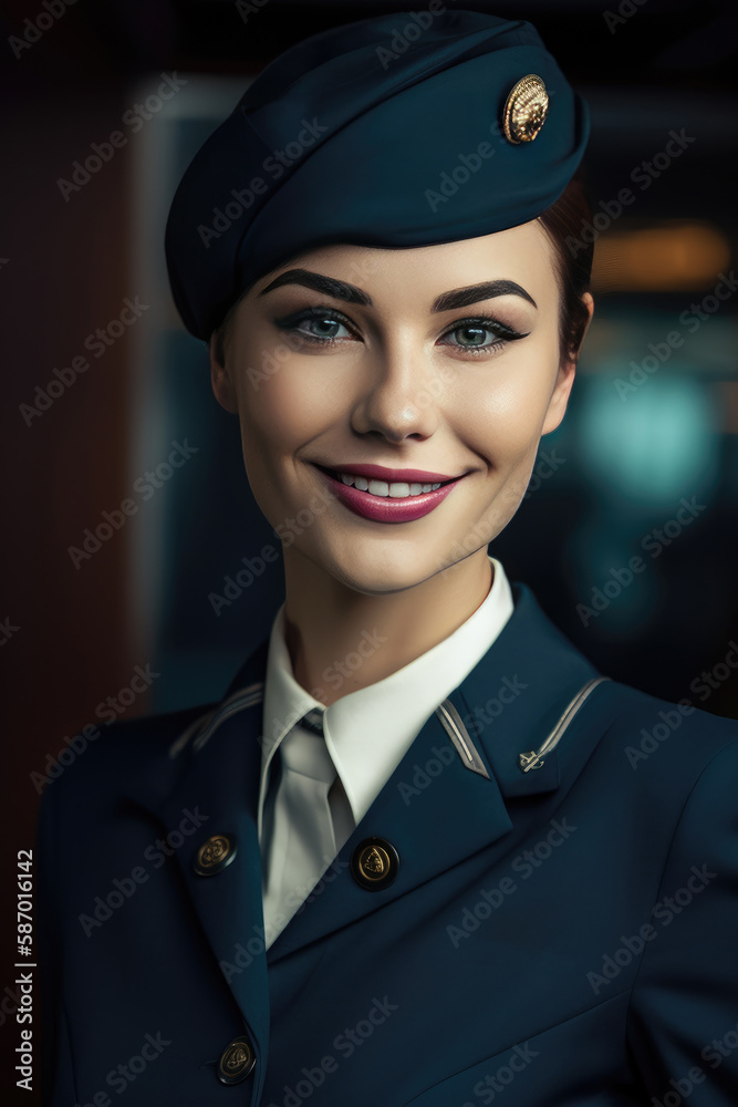 Beautiful and positive female air hostess at work. smiling, generative AI